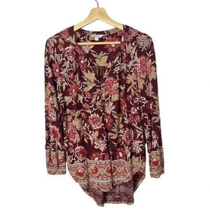 Lucky Brand Burgundy Red Floral Long Sleeve Blouse S